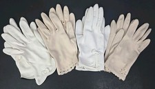 1950s Lot of 4 Pairs Wrist Gloves Cream  Beige Stitched Bows Nylon Leather