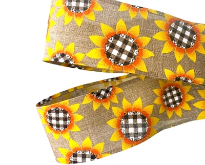 Sunflower Buffalo Plaid 2.5" by 5 yards Natural Wired Ribbon Fall Country Floral - Image 1 of 4