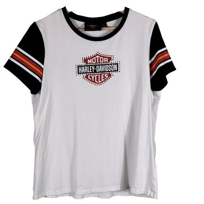 Harley Davidson Womens Shirt Large White Rhinestone Embellish Motorcycle Riding