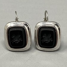 Monet Intaglio Earrings Black Reverse Carved Horse Pegasus Silver Tone Pierced