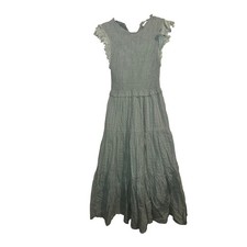 Mable Sage Green Smocked Cotton Maxi Dress Eyelet Flutter Sleeve Medium