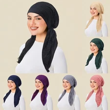 Muslim Women Caps Headscarf Turban Hijab Beanies Lace Bonnet Long Tail Hats