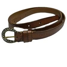 FOSSIL Belt Women’s Skinny Brown Leather Rhinestone Buckle Size Medium