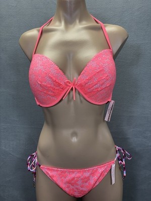 Victoria's Secret Pink Lace Floral Underwired Halter Bikini 2-Piece L DD