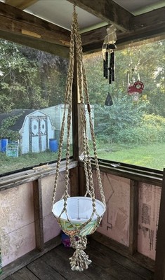 Vtg 70-80s Macrame Plant Hanger holds 14  Pt Handmade Woven Bohemian Boho Retro