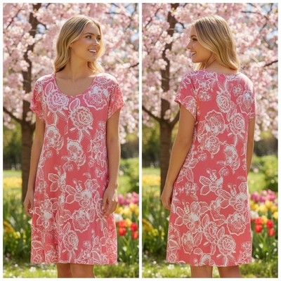 Ruby Rd Womens XL Pink White Floral Batik Short Sleeve Knit Top 59185 BW