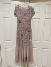Adrianna Papell Blush Beaded Floral Godet  Mermaid Tulle Sequin Formal Dress 8