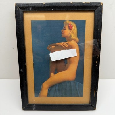 Vintage 1940's Al Buell Art Deco Nouveau Pin Up Framed Lithograph 7.5 x 5.75''