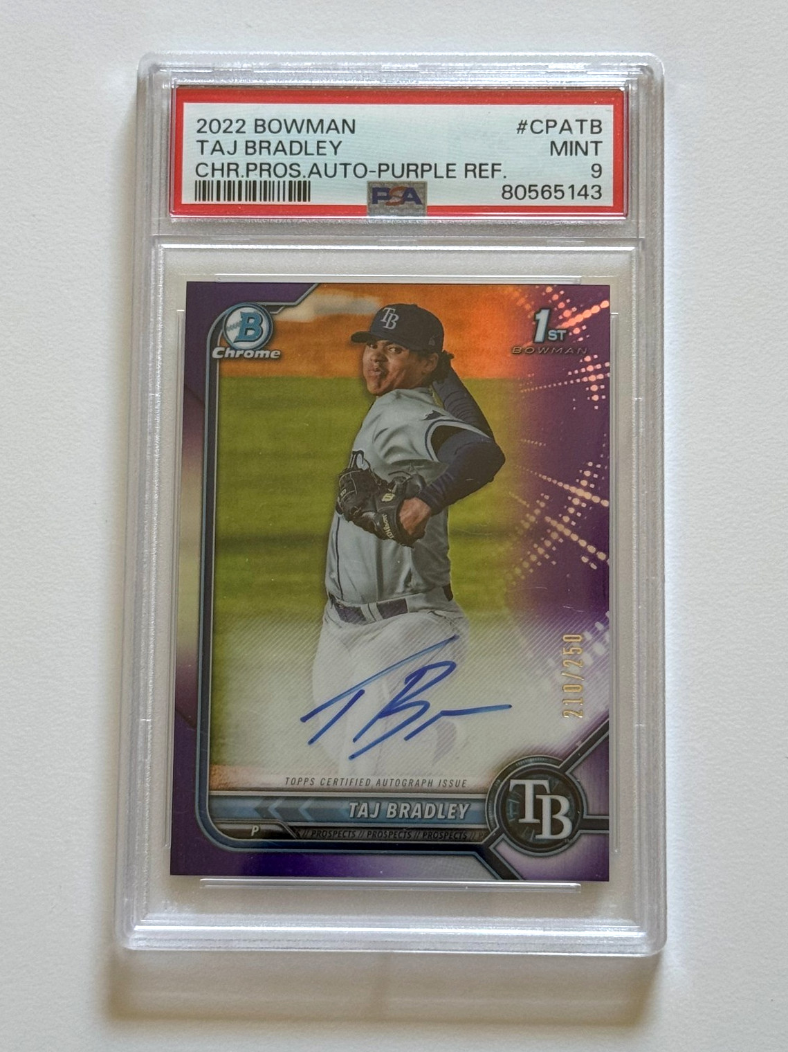 2022 Bowman Chrome RC Auto 1st Bowman Taj Bradley Purple Refractor /250 PSA 9