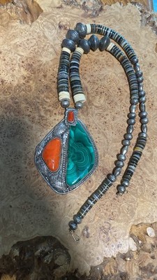 Vintage Native American Made Necklace Sterling Coral Malachite And Heishi Signed