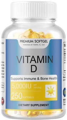 Vitamin D3 5,000 IU  Gluten Free & Non-GMO 250 Softgels 125 Servings USA Made