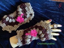 Fingerless Gloves Metallic Taupe Brown Bold Boho Chic Hippie 6 Crochetbysalina