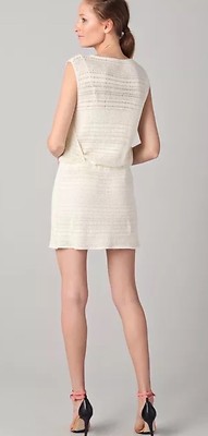 $338 TIBI Ivory Crochet Open Knit Dress Blouson Drop Waist Mod Cream Sz L