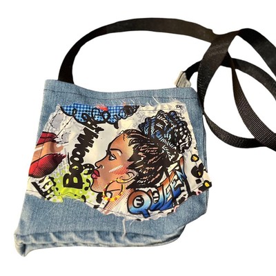 Upcycled Denim Crossbody Bag Comic Book Graphic Novelty Purse Small Shoulder Bag