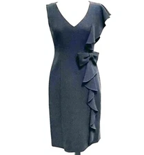 Teri Jon by Rickie Freeman Size 4 Black Sheath Dress Side Ruffle Bow Elegant