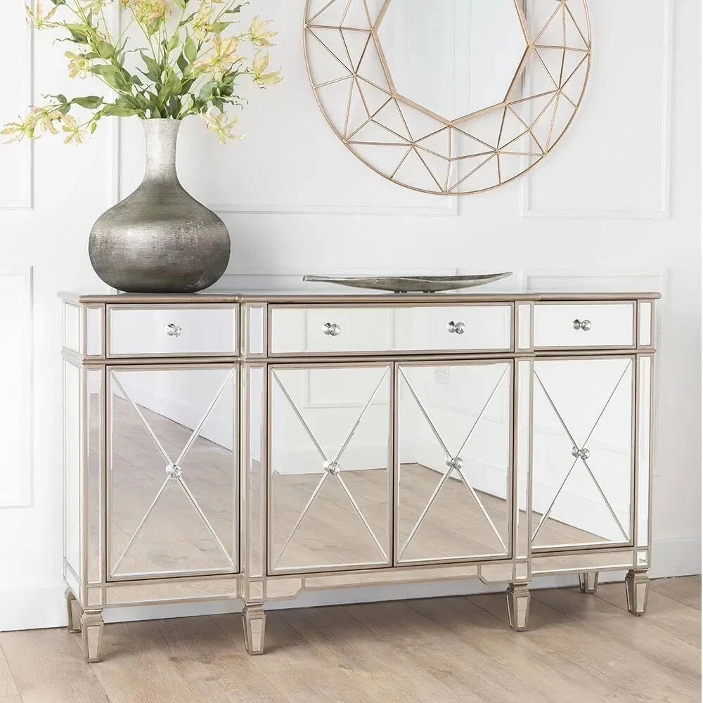 Mirrored Large 4 Door 3 Drawer Sideboard with Champagne Trim