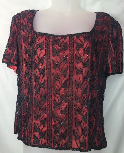 Vintage Lawrence Kazar Tüll Perlen schwarz und rot Abend Top Größe 2XL - Bild 2 von 15