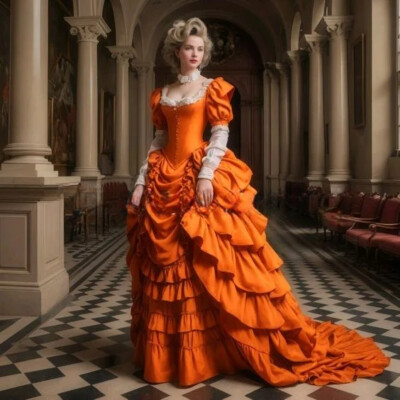 Historical Prom Dresses Orange Corset Duchess Victoria Evening Gowns with Train