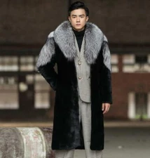 Men's Black Long Overcoat Faux Fur Luxury Silver Collar Winter Warm Coat Fashion