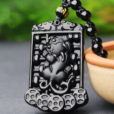 Natural Black Obsidian Pendant Chinese Coin Abacus PiXiu Amulet Lucky Necklace
