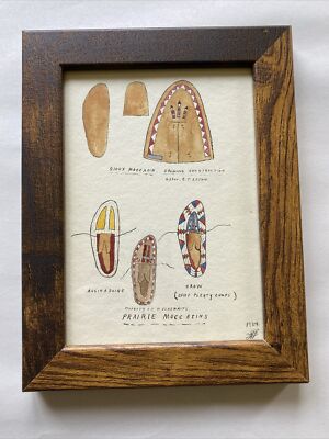 Antique Native American, Crow Sioux Moccasins, Drawing Painting Signed Indian
