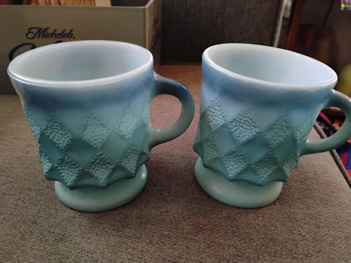 VTG Set 2 Anchor Hocking Kimberly Diamond Blue Oven Proof Coffee Cup Mug Ombre 
