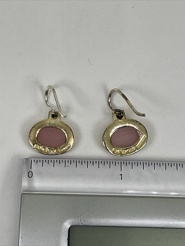 Vtg 925 Sterling Silver Gold Coated Women’s Jewelry Earrings Oval Pink Cabochon - Picture 10 of 11