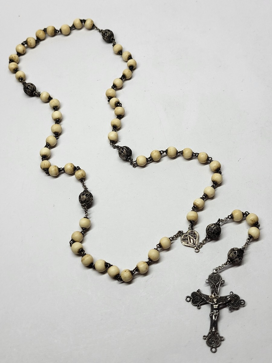 RARE Antique 19th C. ROSARY White Beads & Sterling Silver Filigree