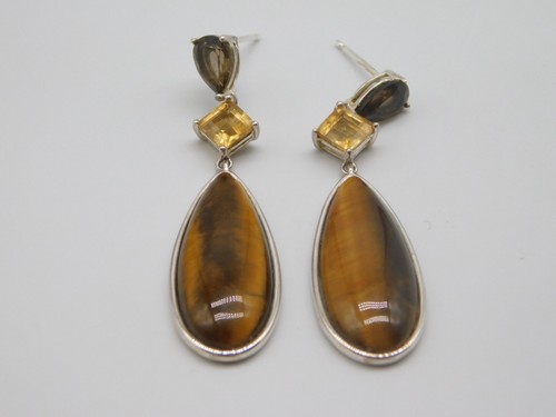 VINTAGE STERLING SILVER TIGER'S EYE CITRINE SMOKEY QUARTZ STONE DANGLE EARRINGS - Picture 4 of 7
