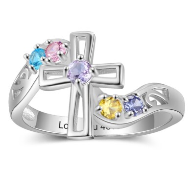Personalized Mother's Day Cross Ring 5 Birthstones + Inner Engraving Silver
