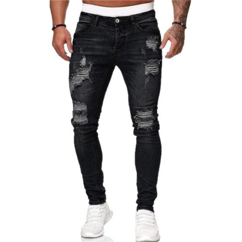 Men's Ripped Denim Jeans Slim Fit Fashion Pencil Pants Mid Waist Distressed Trou - Picture 8 of 40