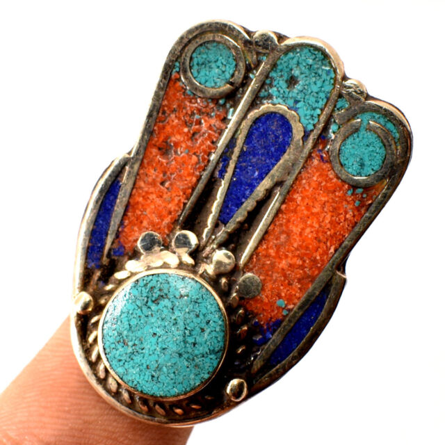 Turquoise Coral Lapis Lazuli Gemstone Handmade Nepali Adjustable Ring NR 2253