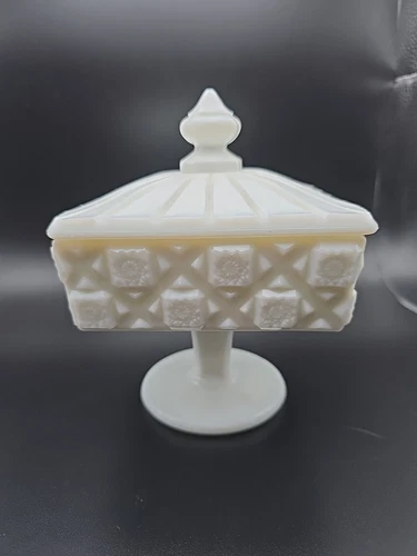 Vintage Westmoreland Milk Glass Covered Pedestal Candy Dish Old Quilt Pattern