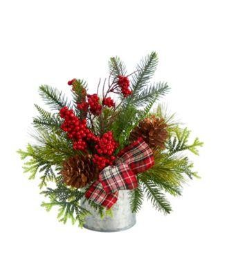 Nearly Natural 12in. Holiday Winter Pinecones Berries Greenery and Plaid Bow