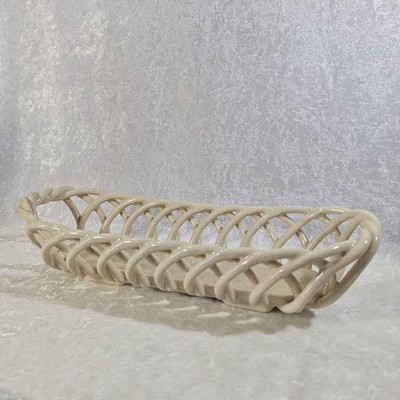 Vintage White Ceramic Twisted Baguette Woven Braid Fruit Bread Basket 15'' long