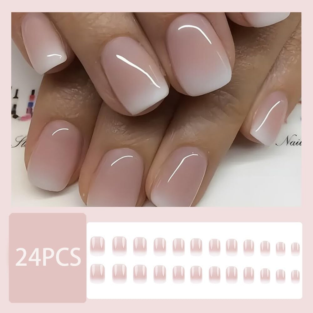 French Tip Press On Nails - Short Square Pink False Nails with Design  24 Pcs