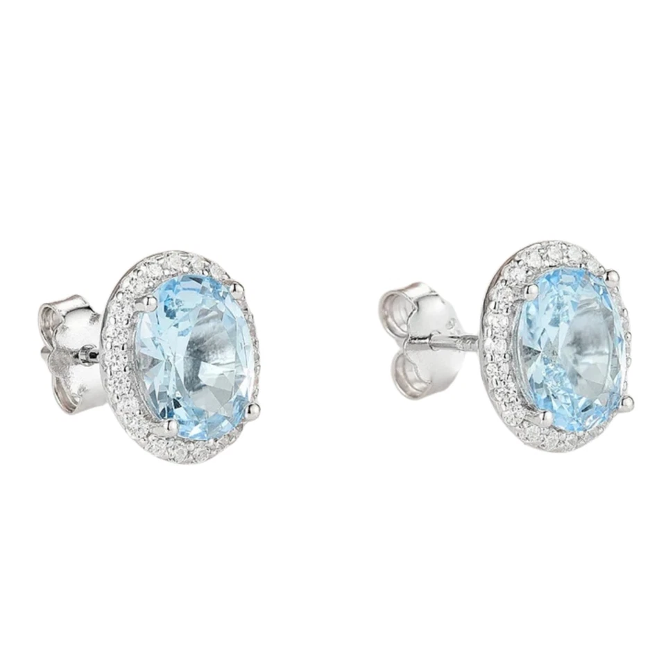 Womens Aquamarine & Diamond Halo Stud Earring 925 Sterling Silver Gift For Her - Image 4 of 4