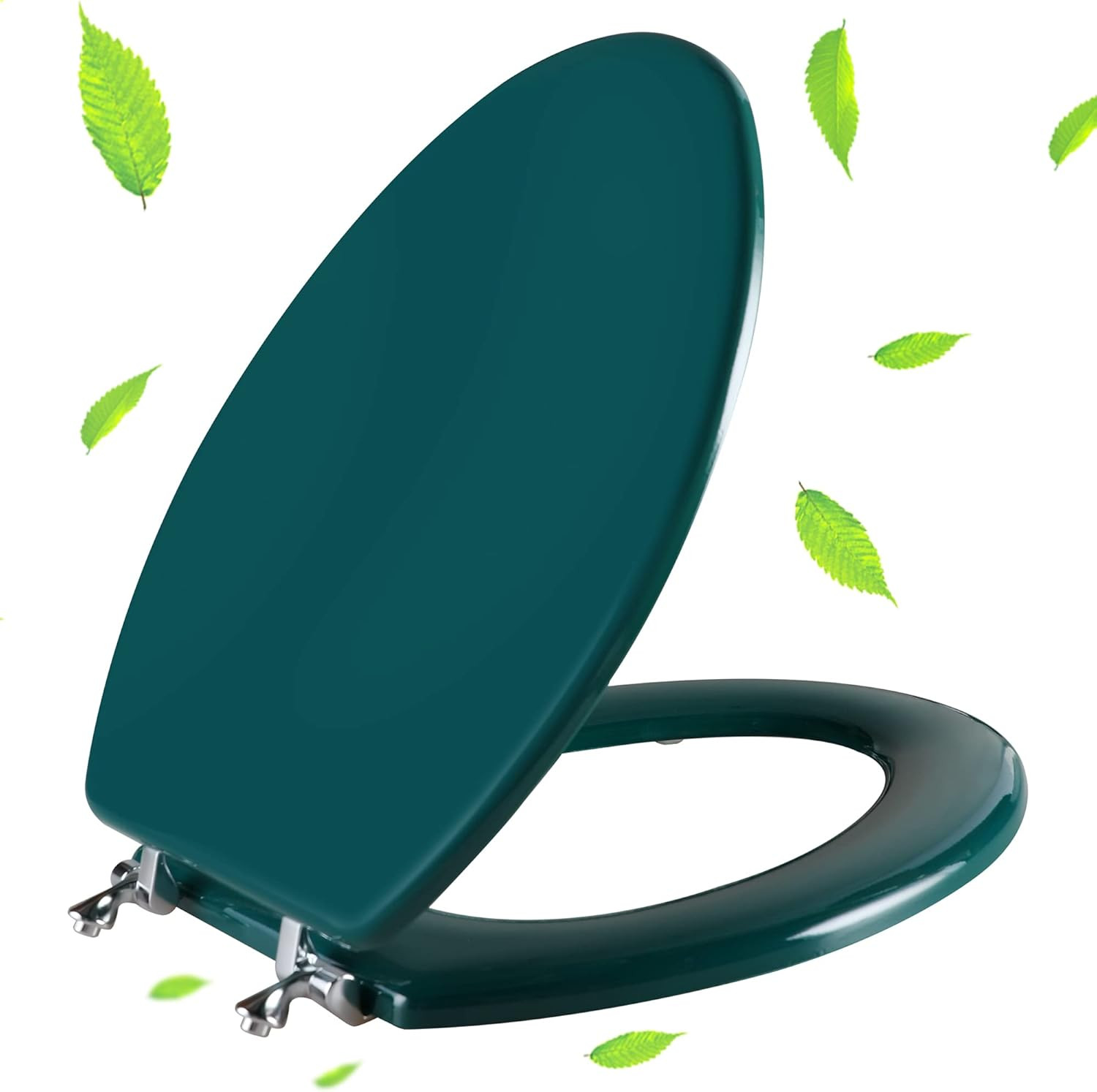 Dark Green Elongated Toilet Seat Natural Wood Toilet Seat with Zinc Alloy Hinges
