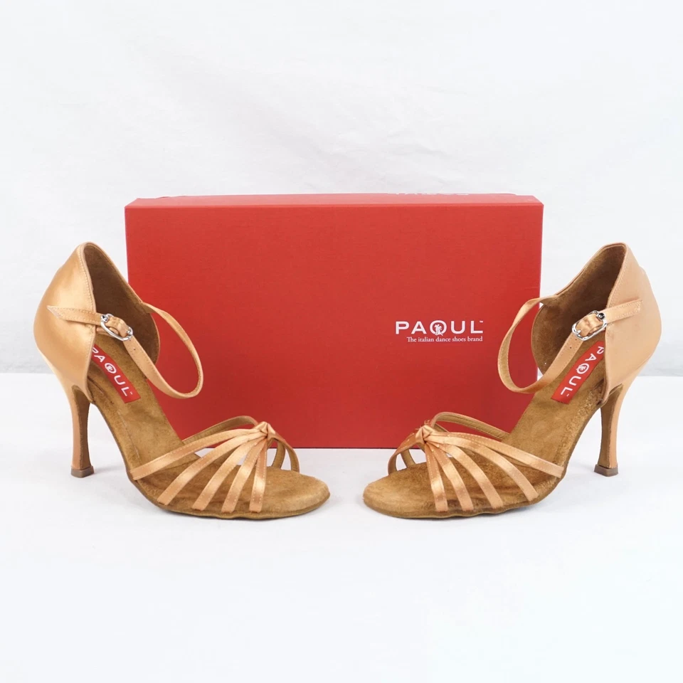 Paoul GUAPACHA Latin Dance Ankle Strap Sandal Heel In Tan Satin - Women's US 7