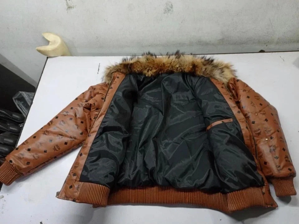 MCM Cognac Monogram Leather Puffer Jacket w/ Fur Collar + Matching Hat - Image 4 of 4