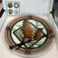 Vintage Peggy Karr Fused Glass Round Plate Festive Pinecone