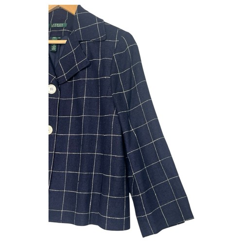 VTG Lauren Ralph Lauren Blazer Womens 12 Blue Silk Linen Windowpane 90s Y2K - Afbeelding 4 van 10