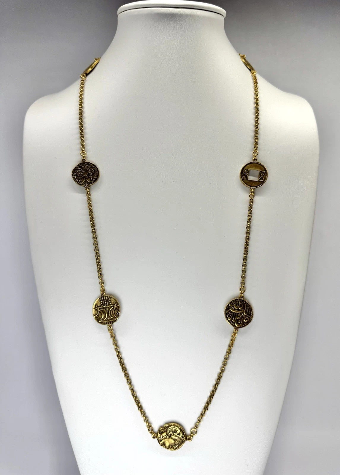 MMA Ancient Coin Pendant Reversible Gold Tone Vintage Necklace Jewelry 30” N145