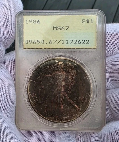 1986 American 1oz .999 Silver Eagle Coin PCGS MS 67 - Old RATTLER Slab - Toned