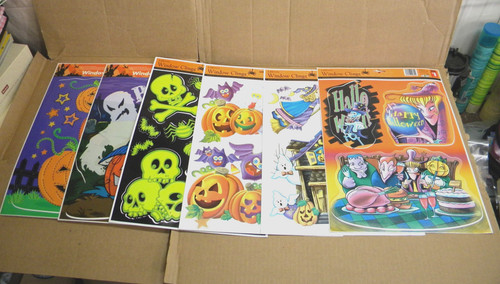 6 Sheets of Halloween Window Clings Ghost Pumpkin Witch Skeleton EUC