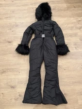 PrettyLittleThing PLTSKI Tobacco Black Faux Fur Trim Belted Ski Snow Suit M