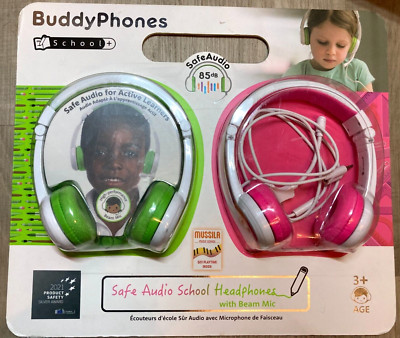 BuddyPhones Buddy School Plus Headphones Noise-Limiting Twin Pack Pink Green