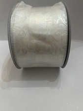 2 1/2  x 20 Ft Wired Edge Ribbon. White Scrolls On White. Christmas Wedding