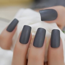 24 Matte Dark Gray Press on Nails kit glue on grey medium square witchy goth