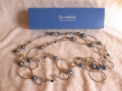 NEU Lia Sophia Alpine Silber Glas Hämatit Perlen 46'' Halskette Kette-Orig Box